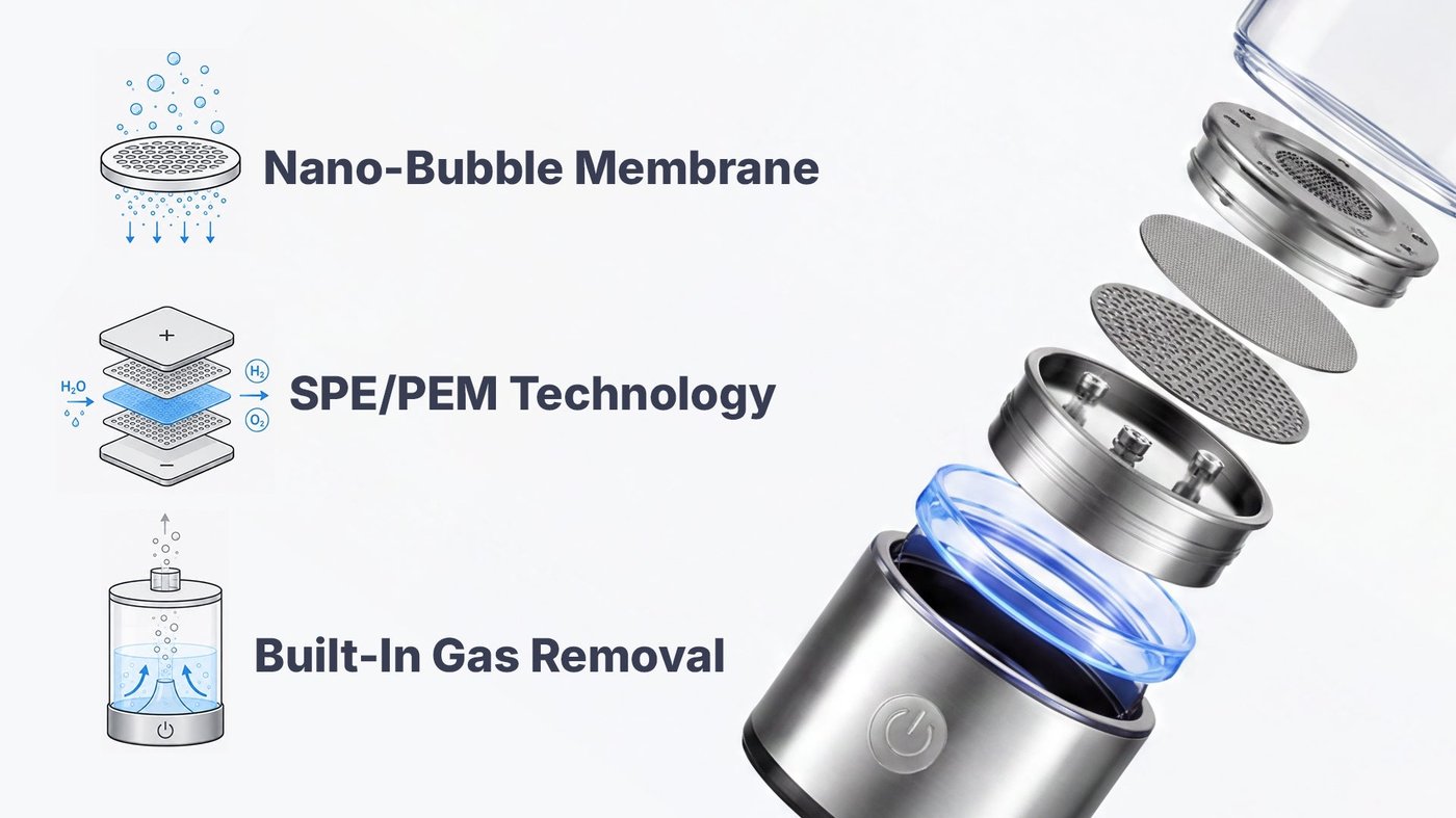 Exploded diagram of the hydrogen water bottle showing internal technology