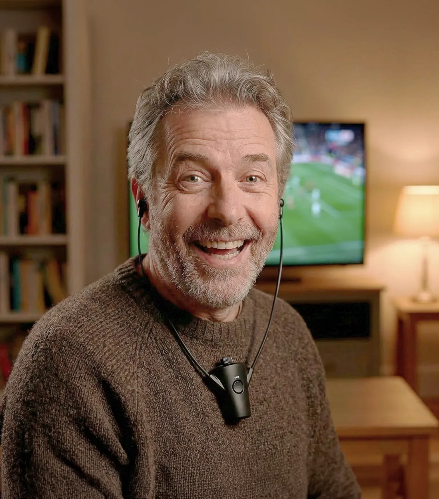 Wearing the HearDirect headset around the neck while watching TV