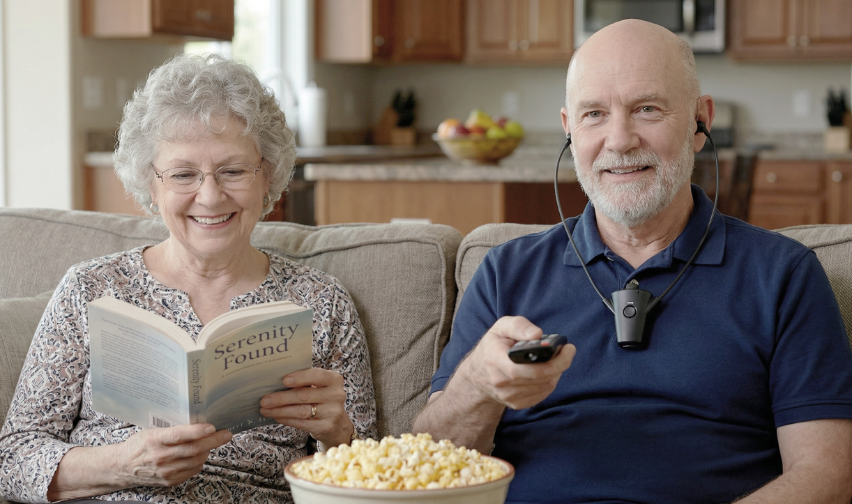 Older couple using HearDirect headset while one reads and the other watches TV