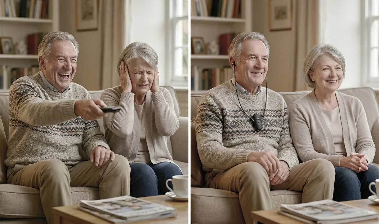 Couple comparing their viewing experience before and after using the HearDirect headset