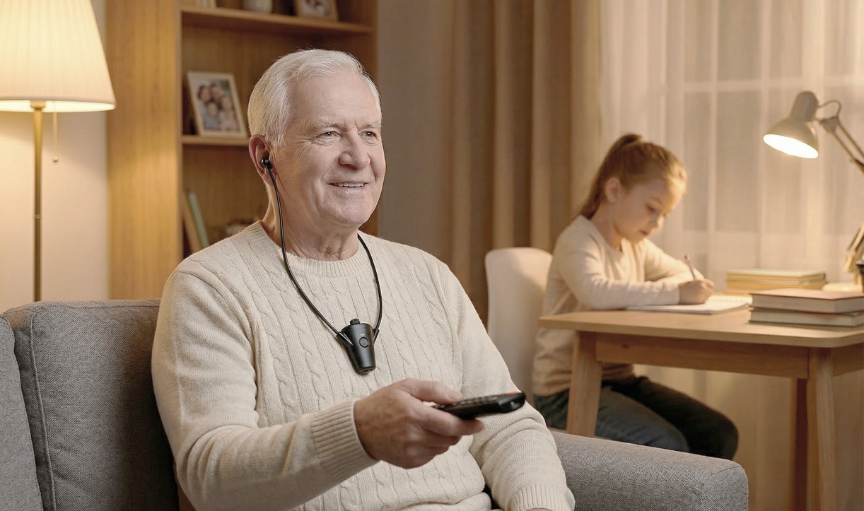 Older man wearing HearDirect headset with a child studying in the background