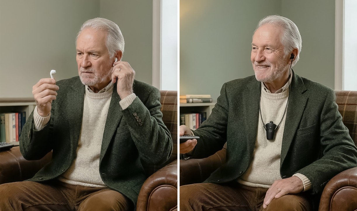 Man examining and then wearing the HearDirect headset