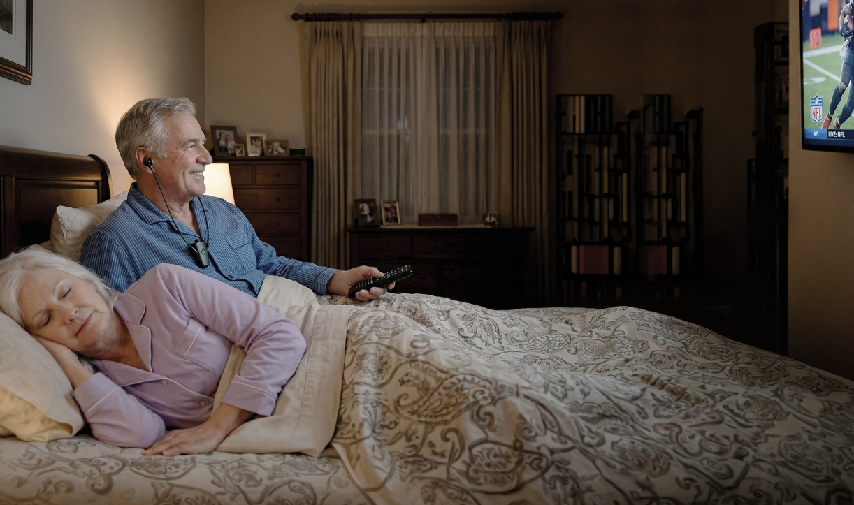 Older man watching TV in bed with HearDirect headset while a woman sleeps beside him