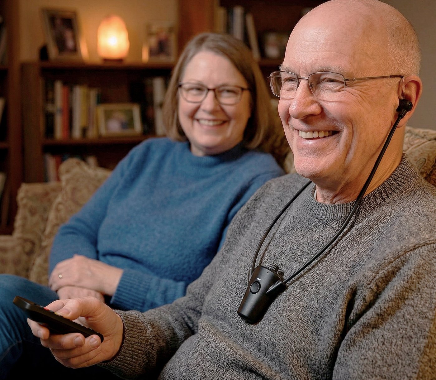 Older woman using HearDirect headset with feature callouts