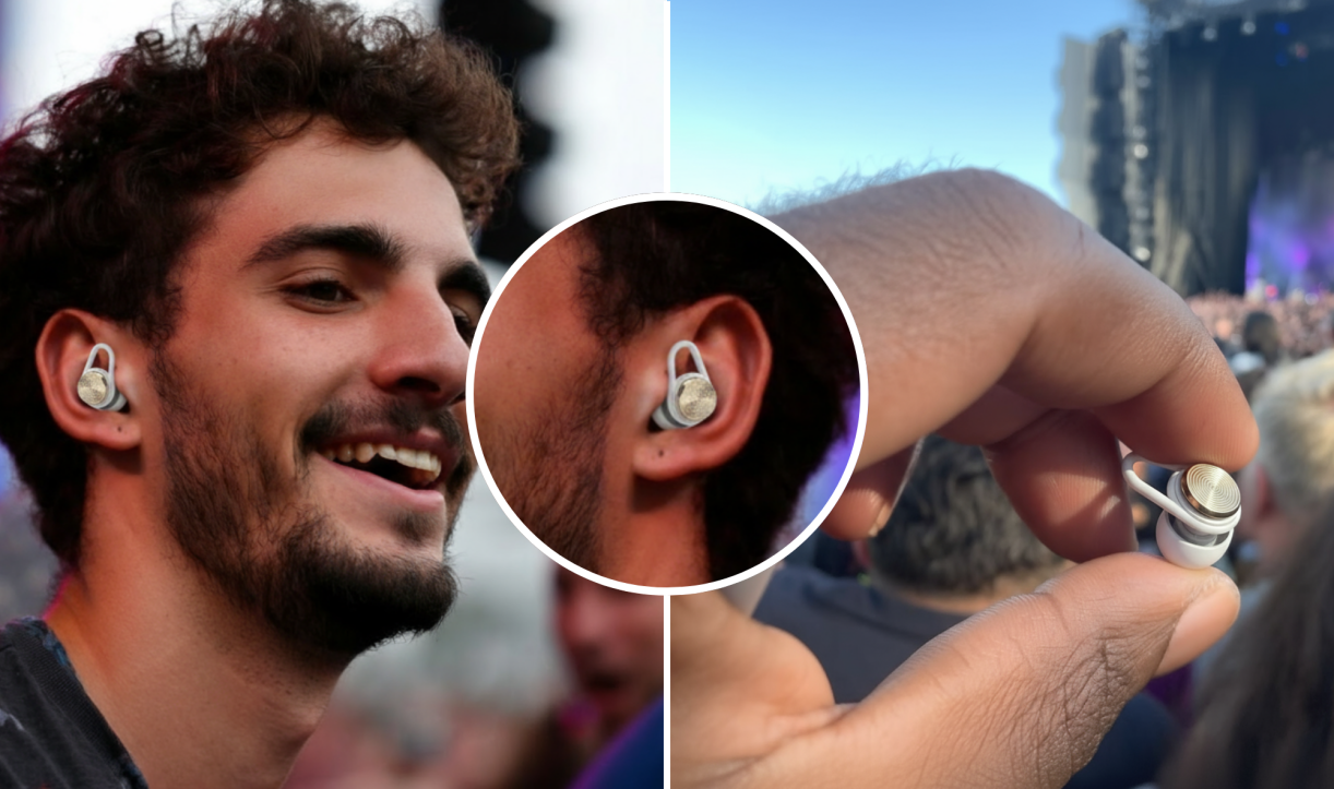 Collage showing Hears earplugs in use at a concert and close-up in hand