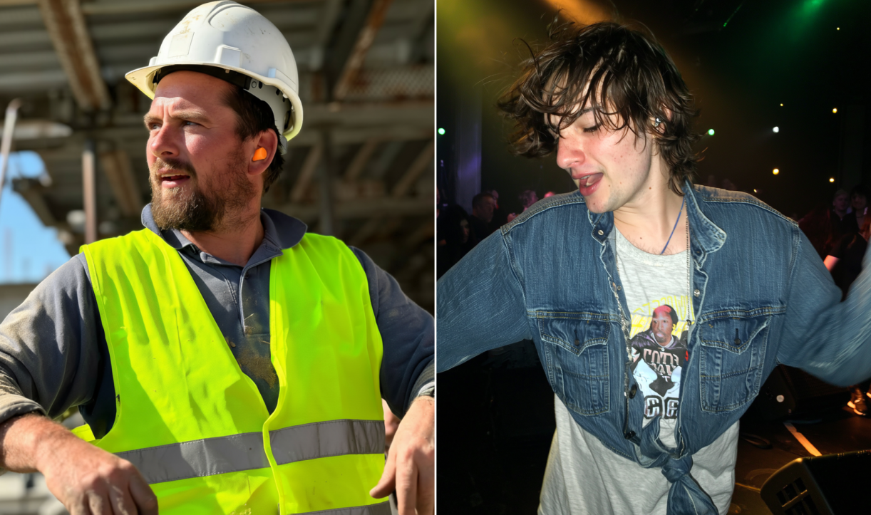 Split image of construction worker and concertgoer both wearing earplugs