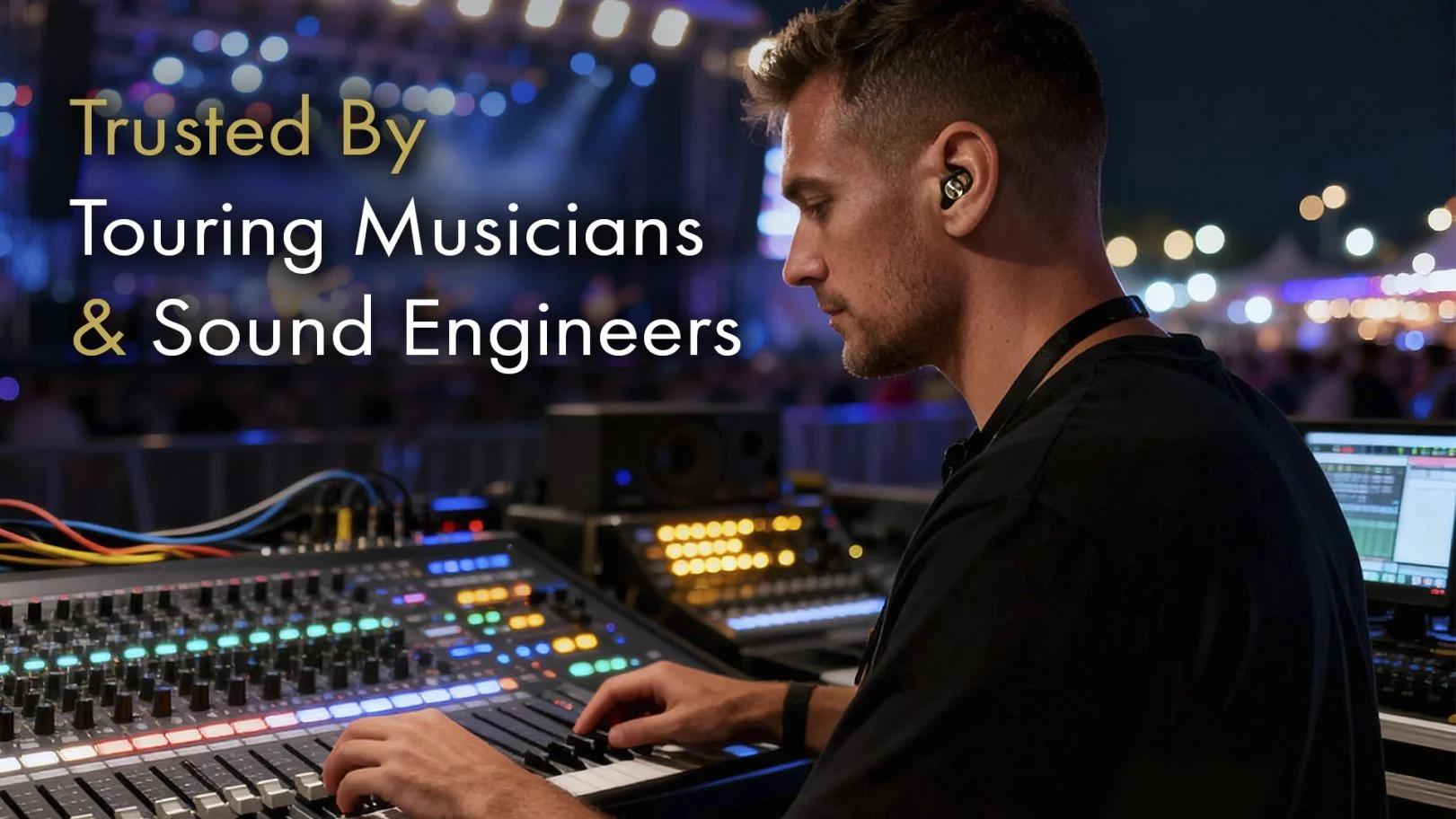 Person wearing earplugs while operating a soundboard at a live music event