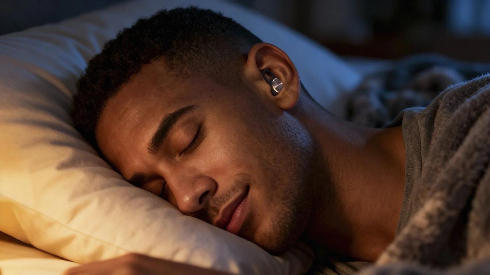 Person sleeping on a pillow while wearing earplugs