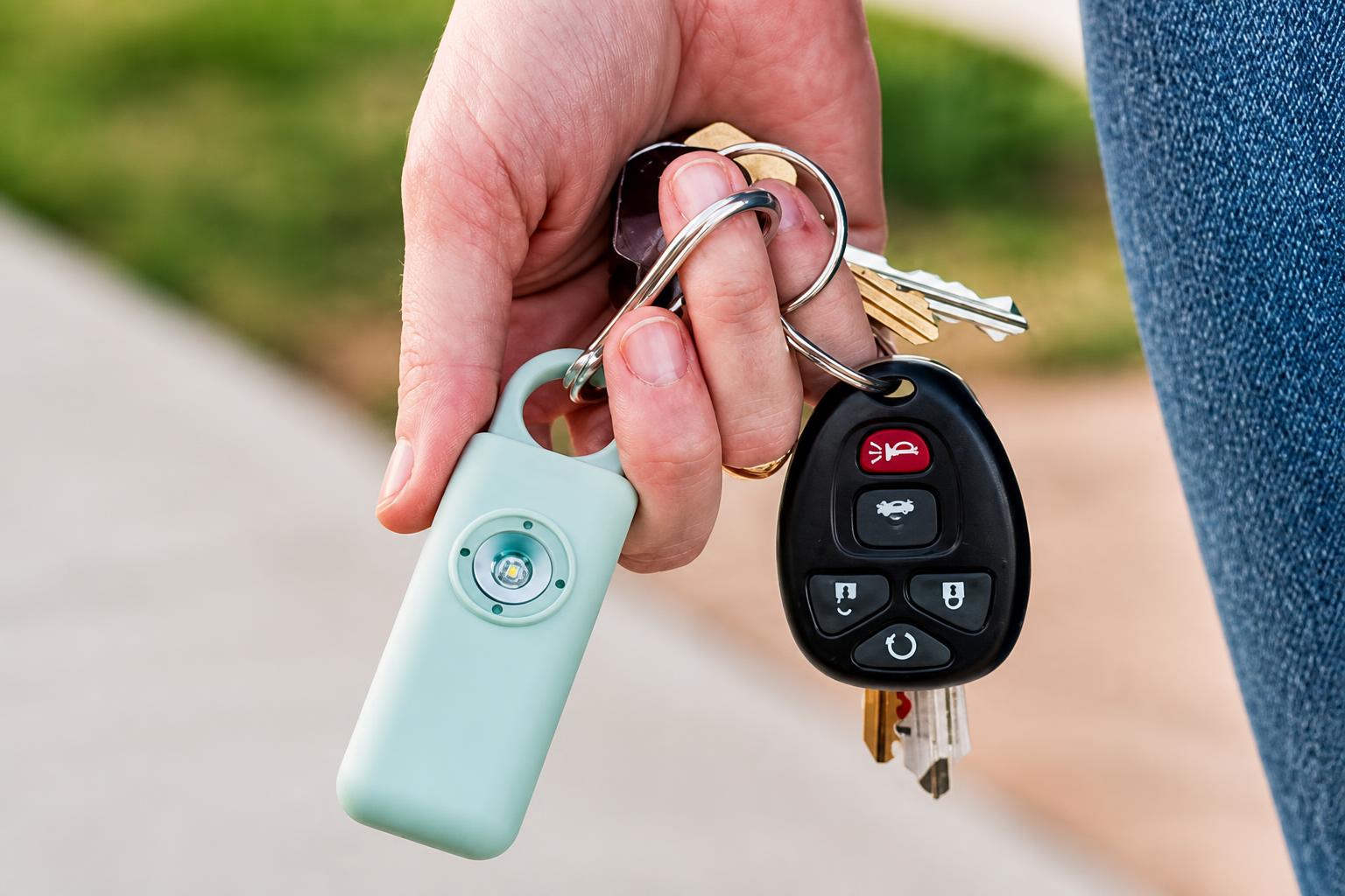A mint-green Hootie personal alarm held on a keyring next to a car key fob