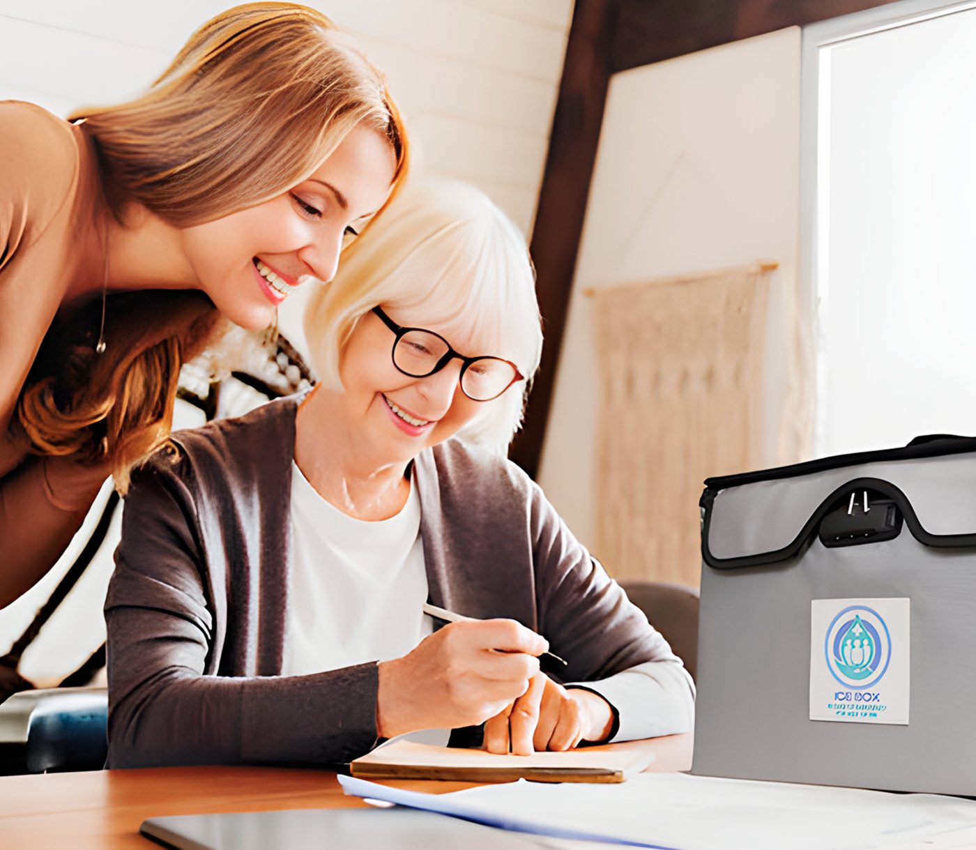 Two women organizing documents with ICE Box