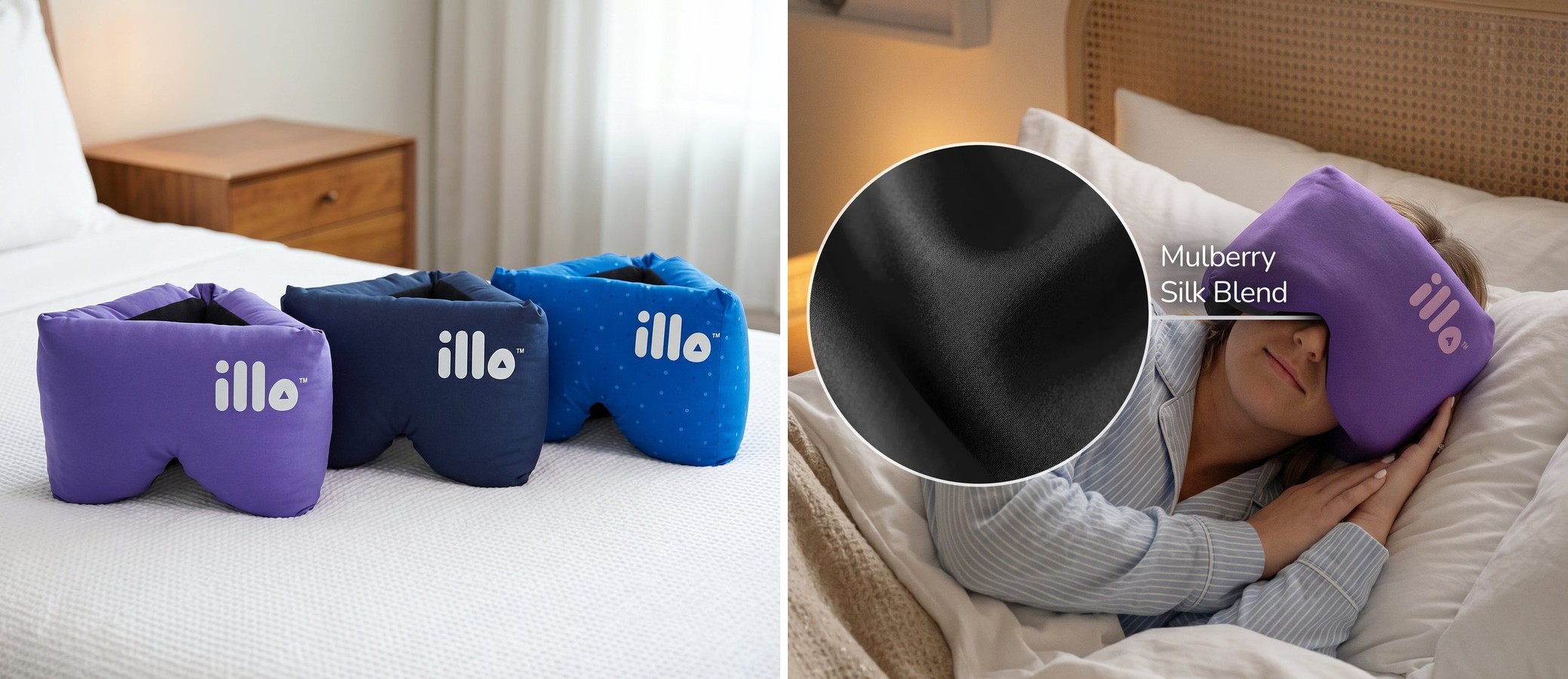 Three illo pillows in different colors on a bed and a close-up of the silk blend material