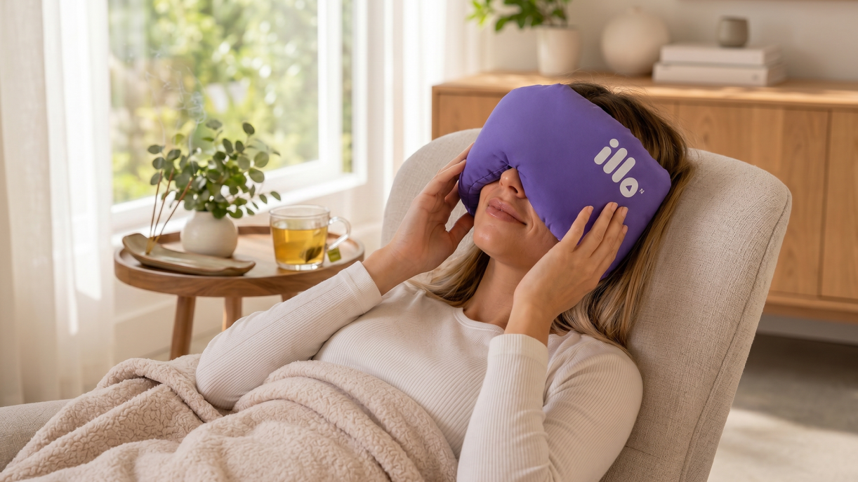Person relaxing in a chair with the illo pillow covering their eyes