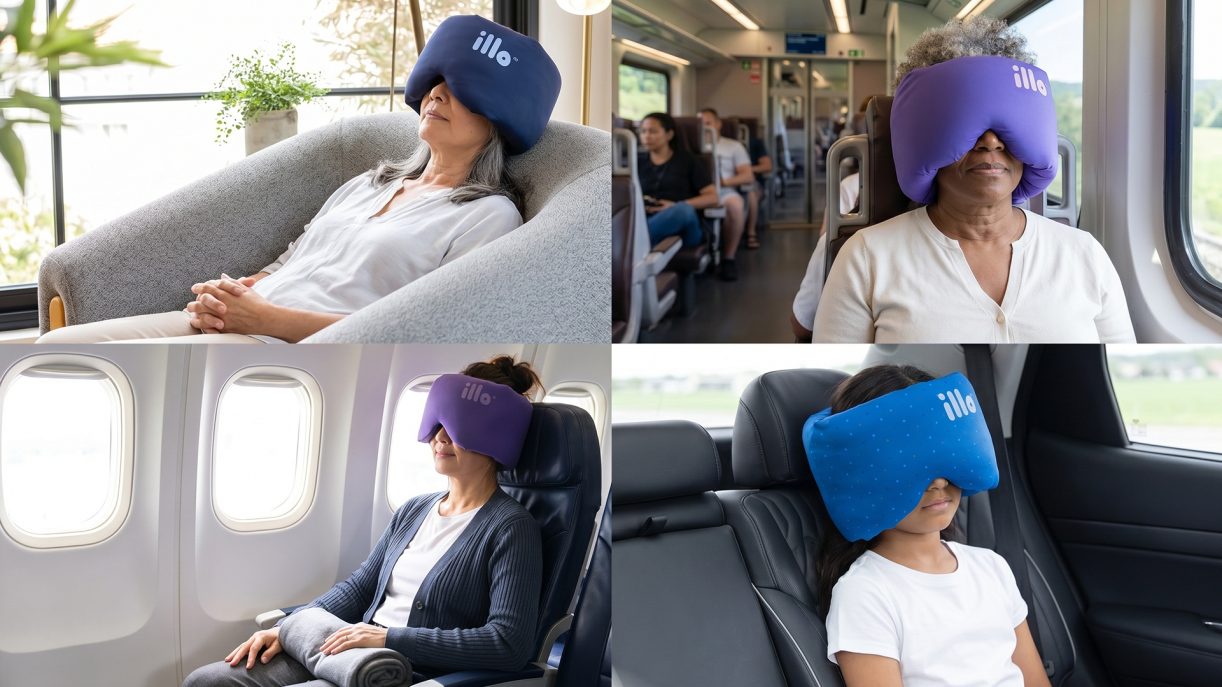 Four people using the illo pillow in various travel settings