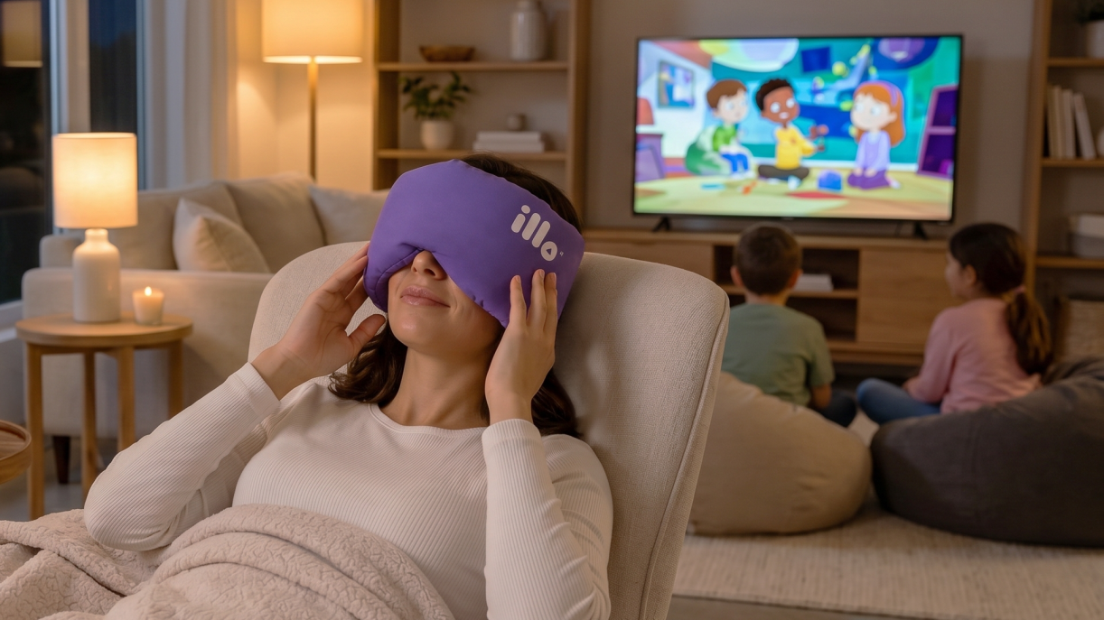 Person relaxing with illo mask while children watch TV in the background