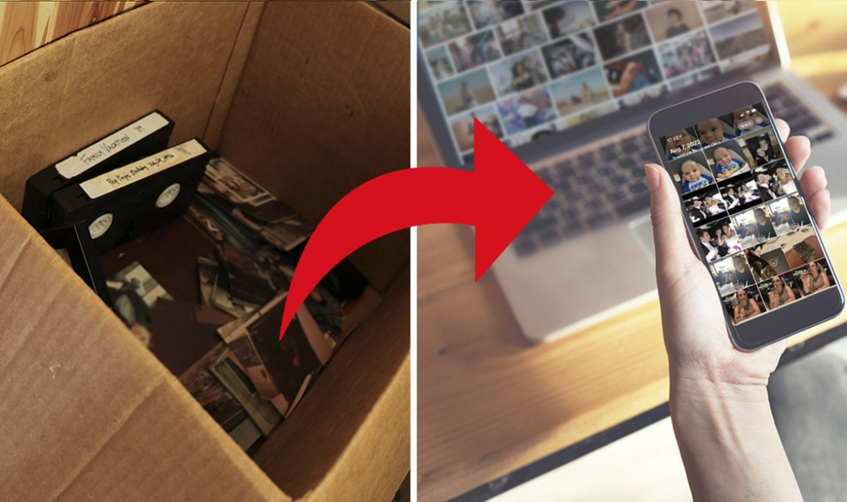 Split image showing a box of old tapes and photos on the left and a hand holding a phone displaying digitized images on the right, connected by a red arrow