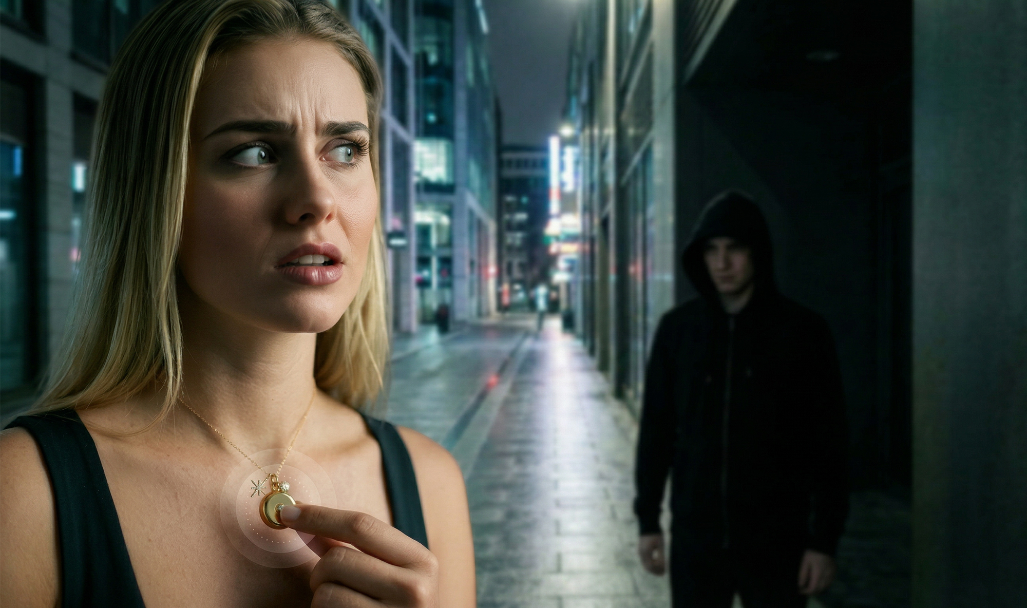Pressing invisaWear necklace button with hooded figure in background at night