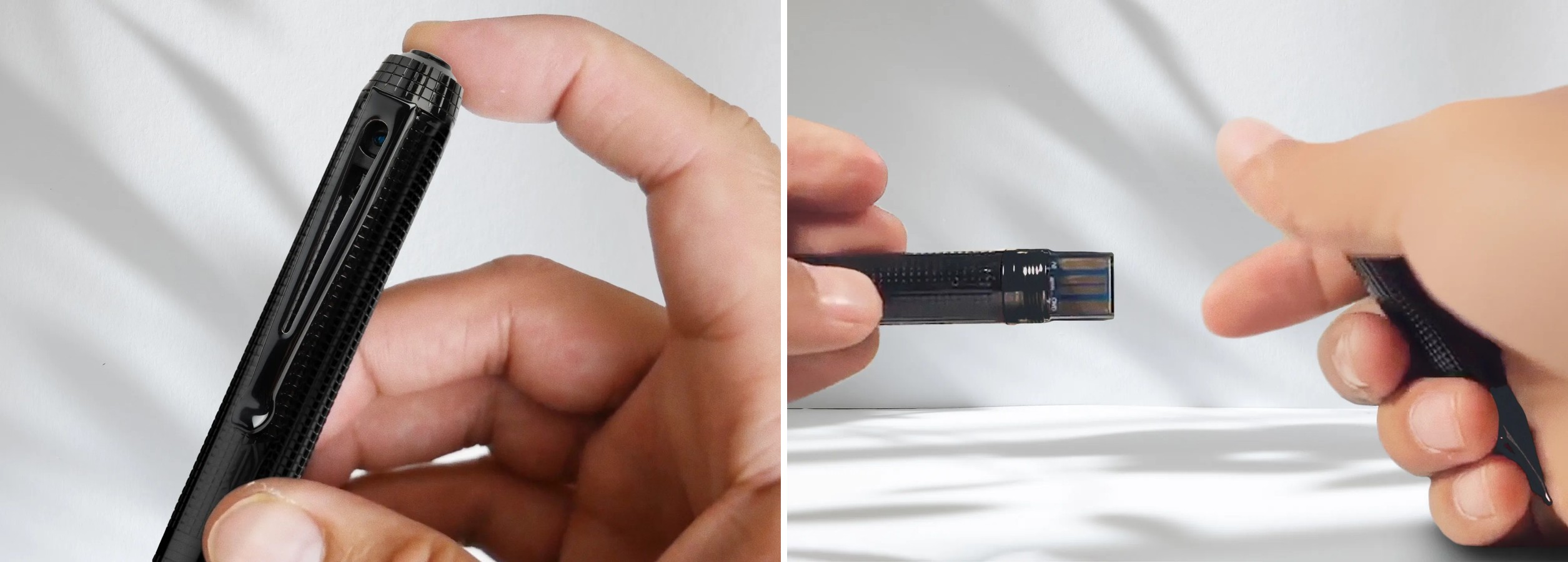 Hand holding iSpyPen Pro X showing camera lens and USB connector