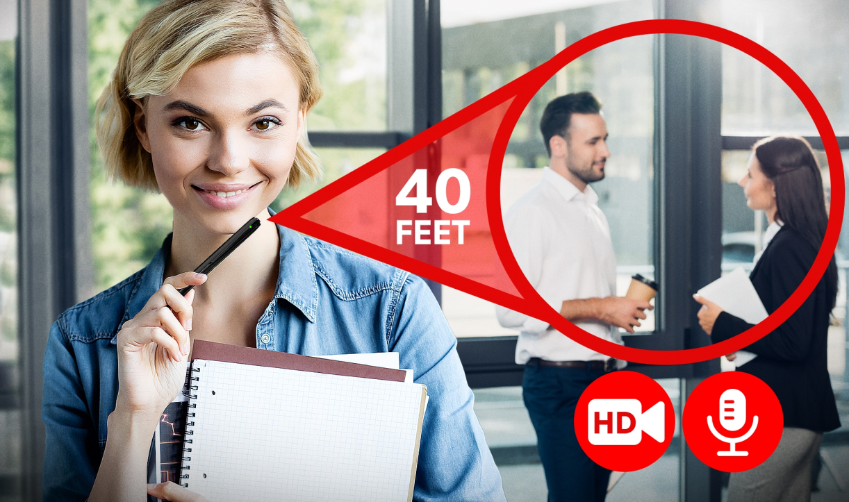 Diagram showing iSpyPen Pro X recording audio from 40 feet away