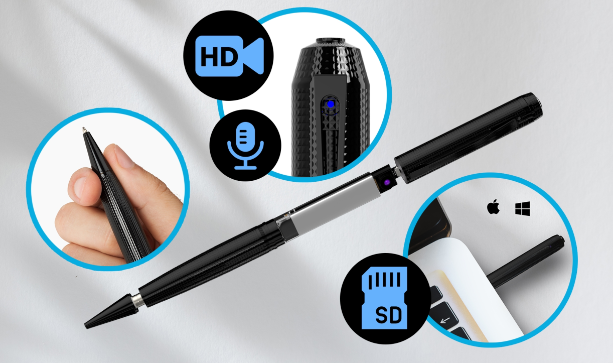 Diagram showing iSpyPen Pro X camera, microphone, SD card, and compatibility features
