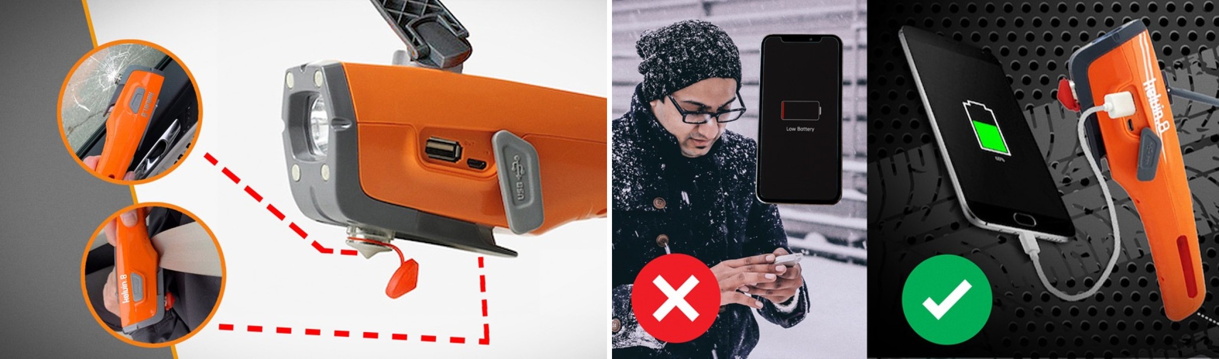 Kelvin 8 tool breaking glass and charging a phone side by side