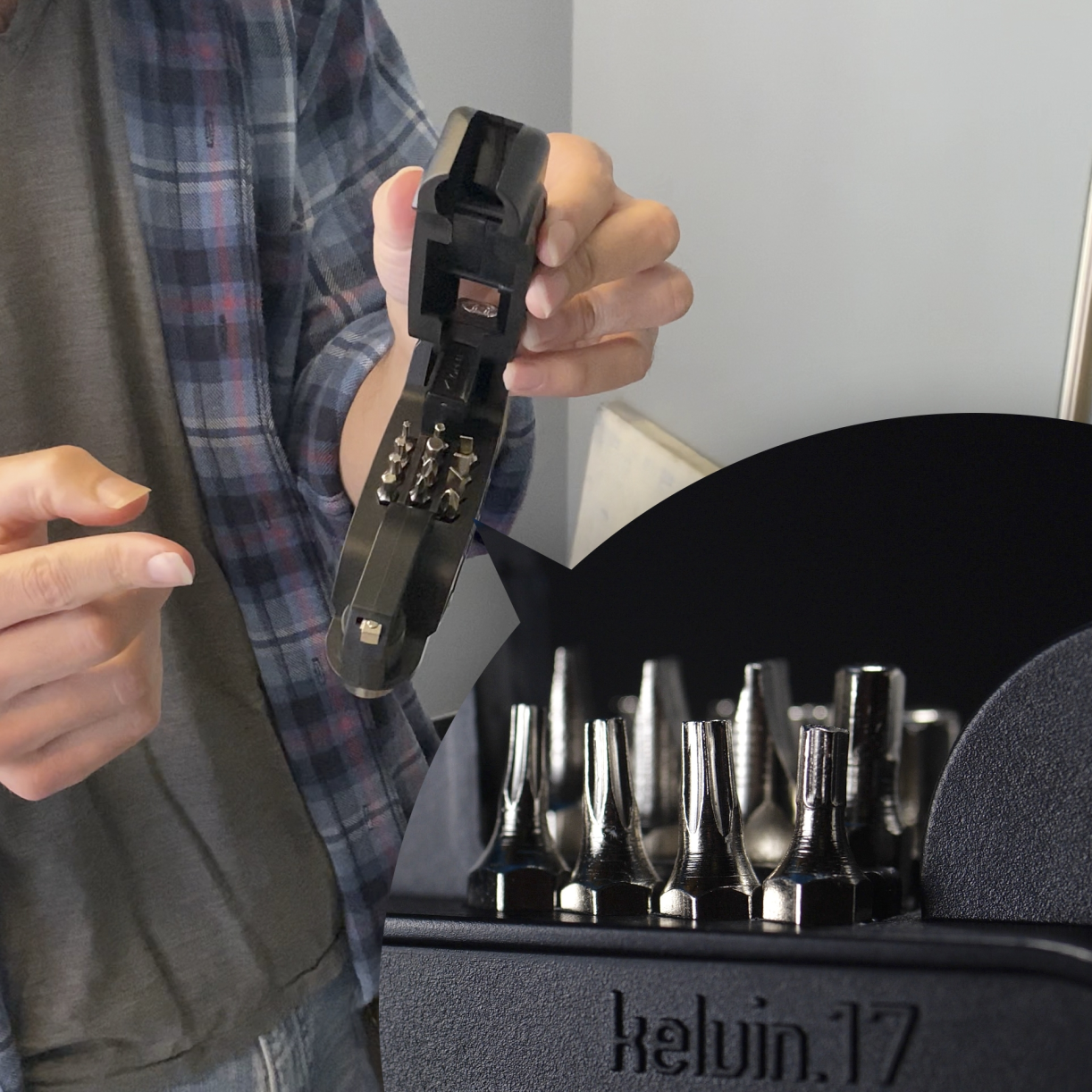 Close-up of Kelvin17 bit storage compartment
