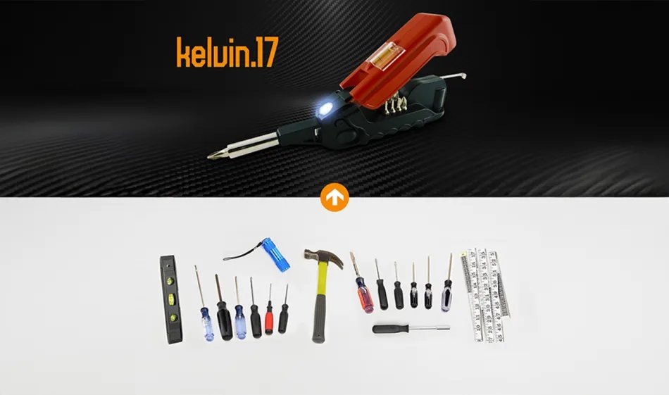 Kelvin17 tools laid out including tape measure, level, and hammer