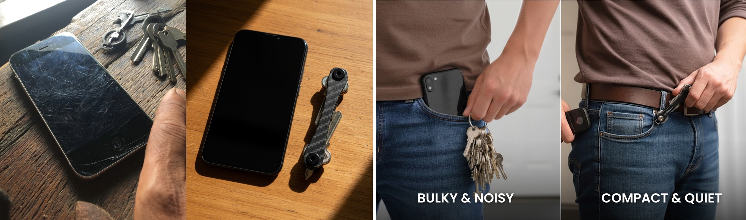 Comparison of scratched phone with loose keys and a compact key organizer in a pocket
