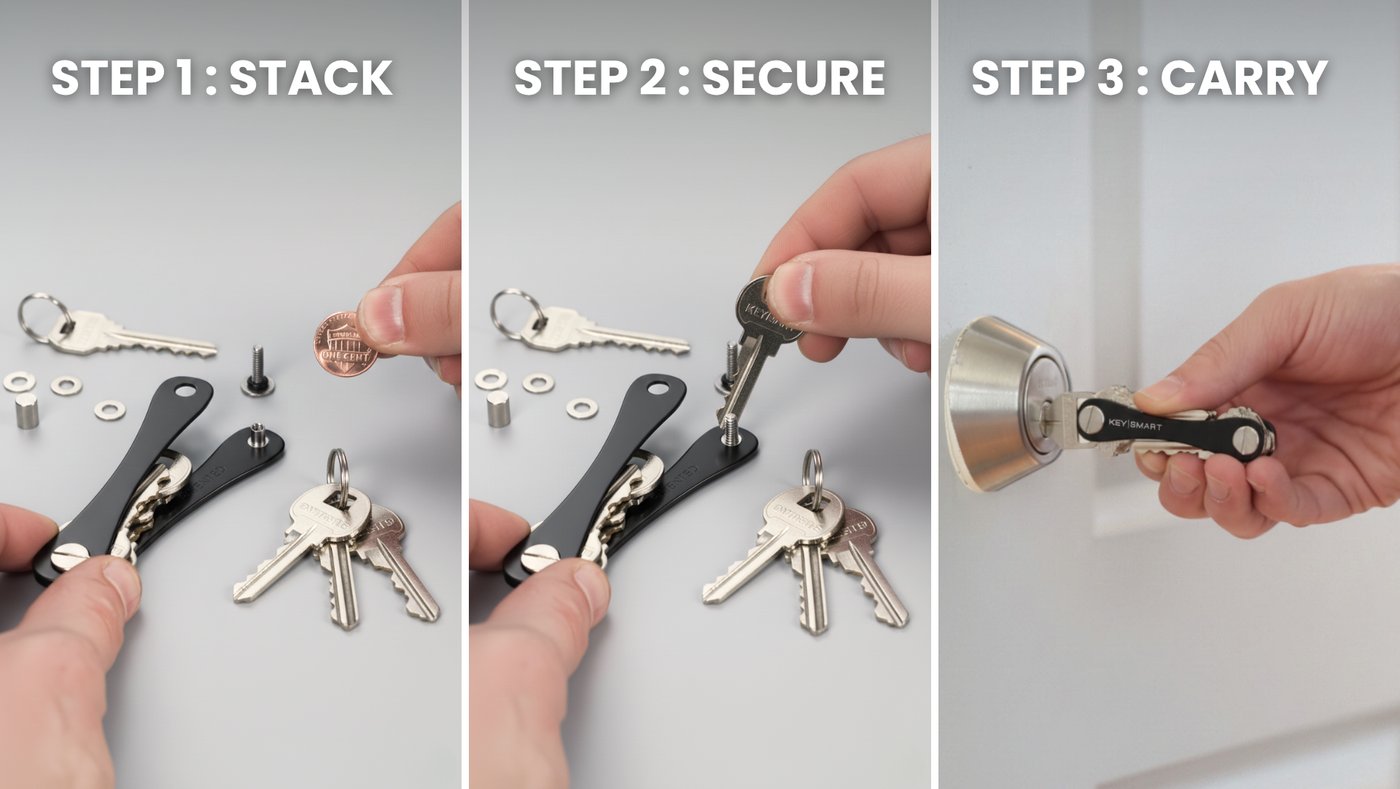 Three-step KeySmart assembly graphic showing stack, secure, and carry