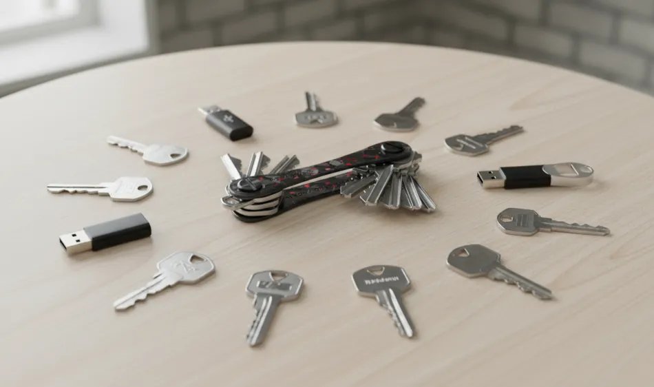 KeySmart organizer surrounded by various keys and USB drives, showing capacity