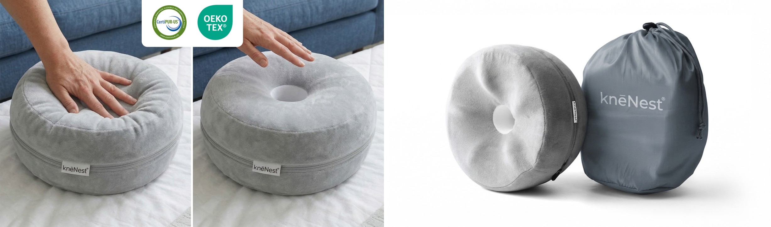 Close-up of knee pillow foam and certifications next to travel/storage bag