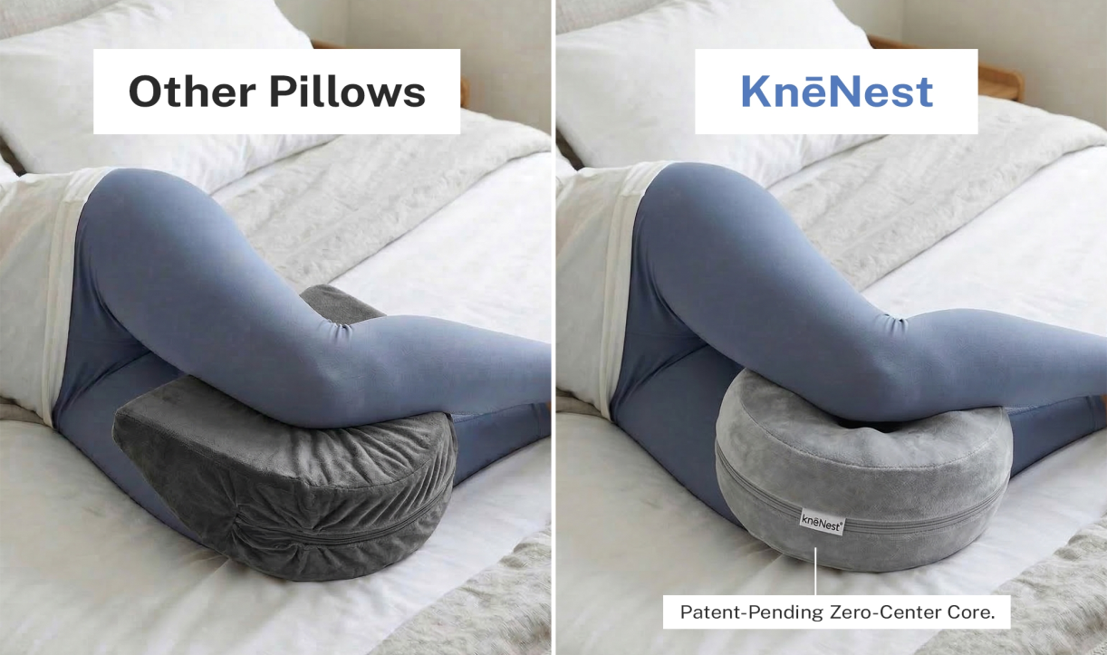 Side-by-side comparison of a person using another pillow versus the KneNest pillow