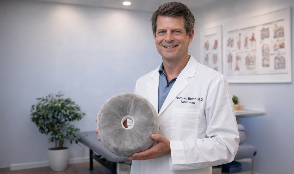 Doctor in lab coat holding the knee pillow in a clinical setting