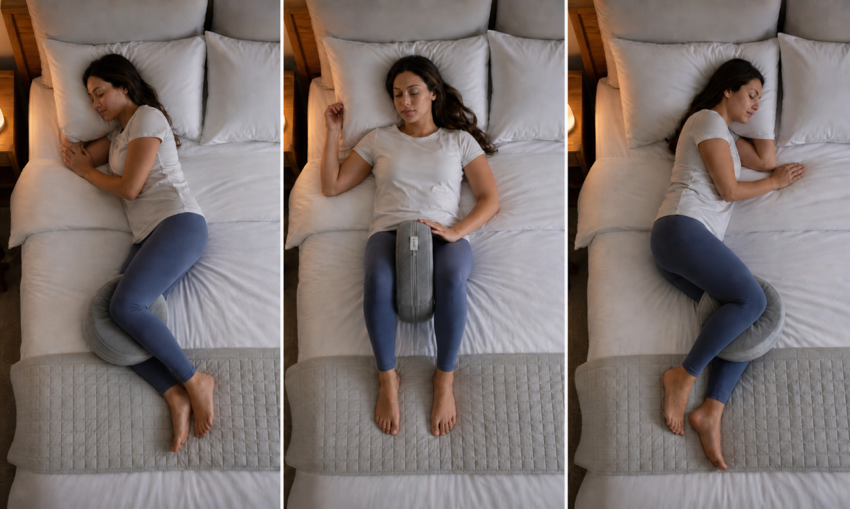 Person using the knee pillow in three different sleeping positions
