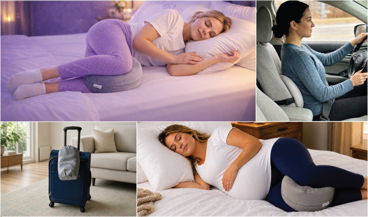 Collage showing the knee pillow used in bed, car, and with travel bag