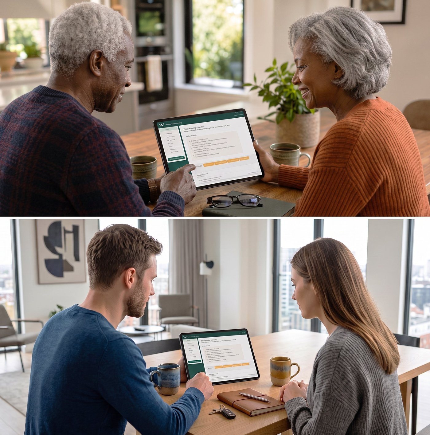 Two couples of different generations reviewing estate planning documents on a tablet at home