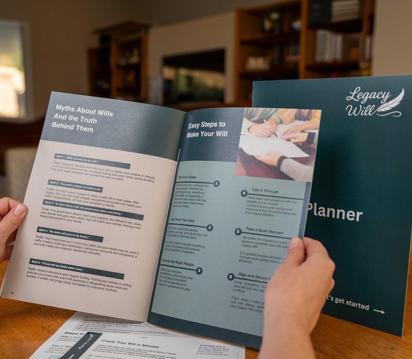 Printed booklet showing common myths about wills and the truth behind them, alongside a step-by-step guide to making a will