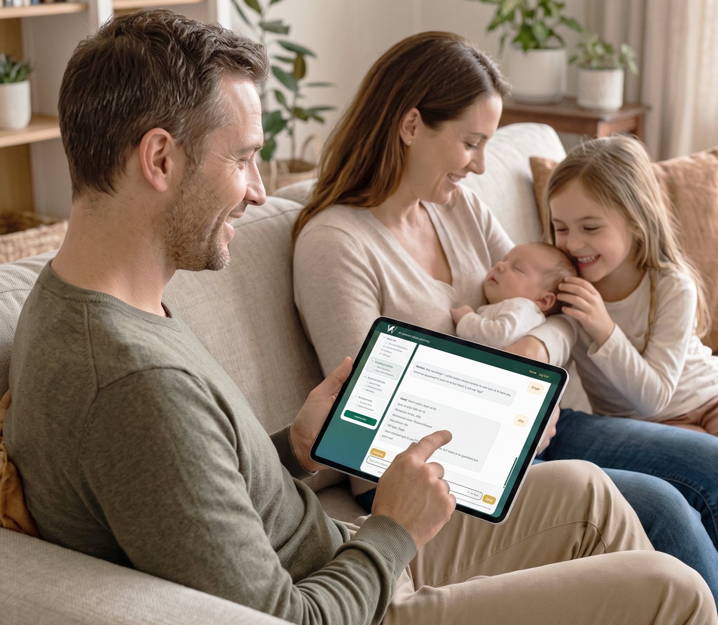 Father showing the Legacy Will guided questionnaire on a tablet to his wife, newborn baby, and young daughter on the couch