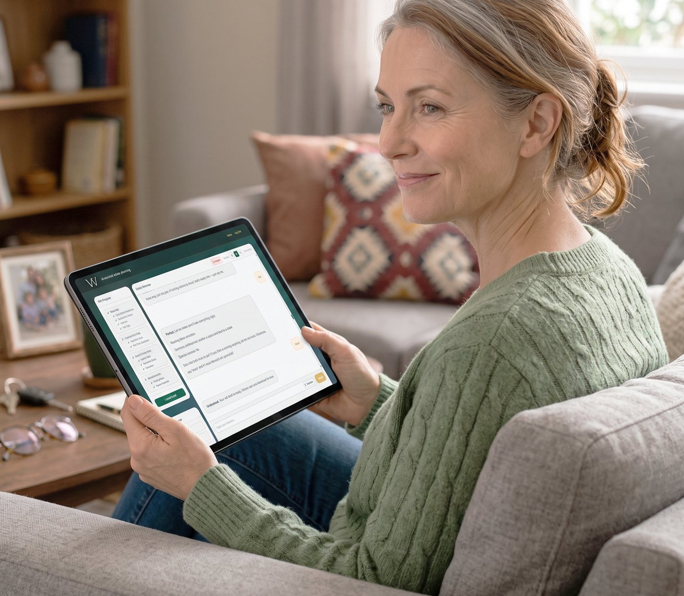 Woman relaxed on a couch reviewing her completed will draft on a tablet