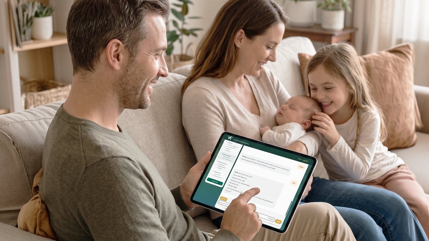 Person completing their will on a tablet at a kitchen table