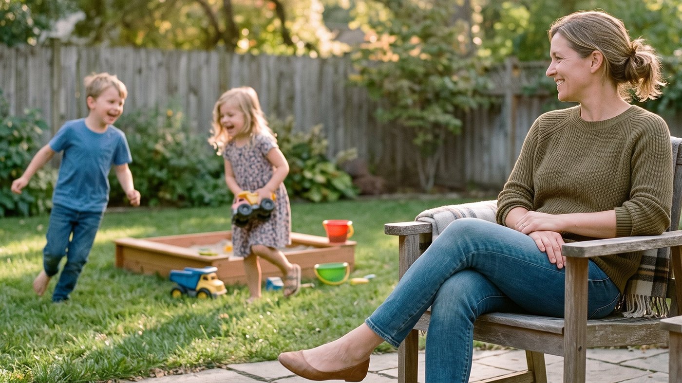 Mother relaxing on a patio chair watching her children play in the backyard
