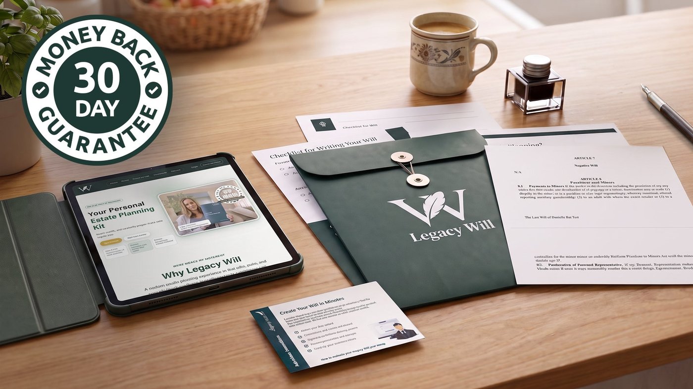 Legacy Will document envelope, checklist, and printed will next to a 30-day money-back guarantee badge