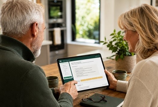 Couple reviewing an estate planning checklist together on a tablet at a kitchen table