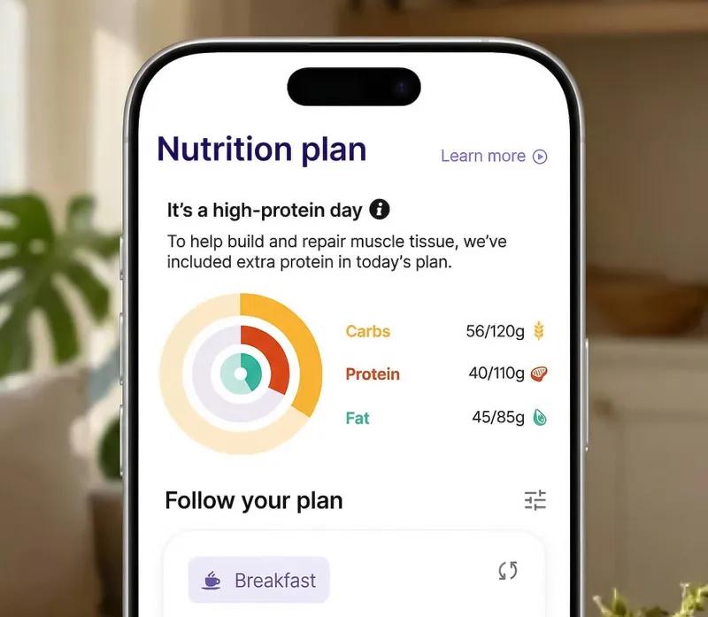 Smartphone screen displaying nutrition plan with macronutrient breakdown