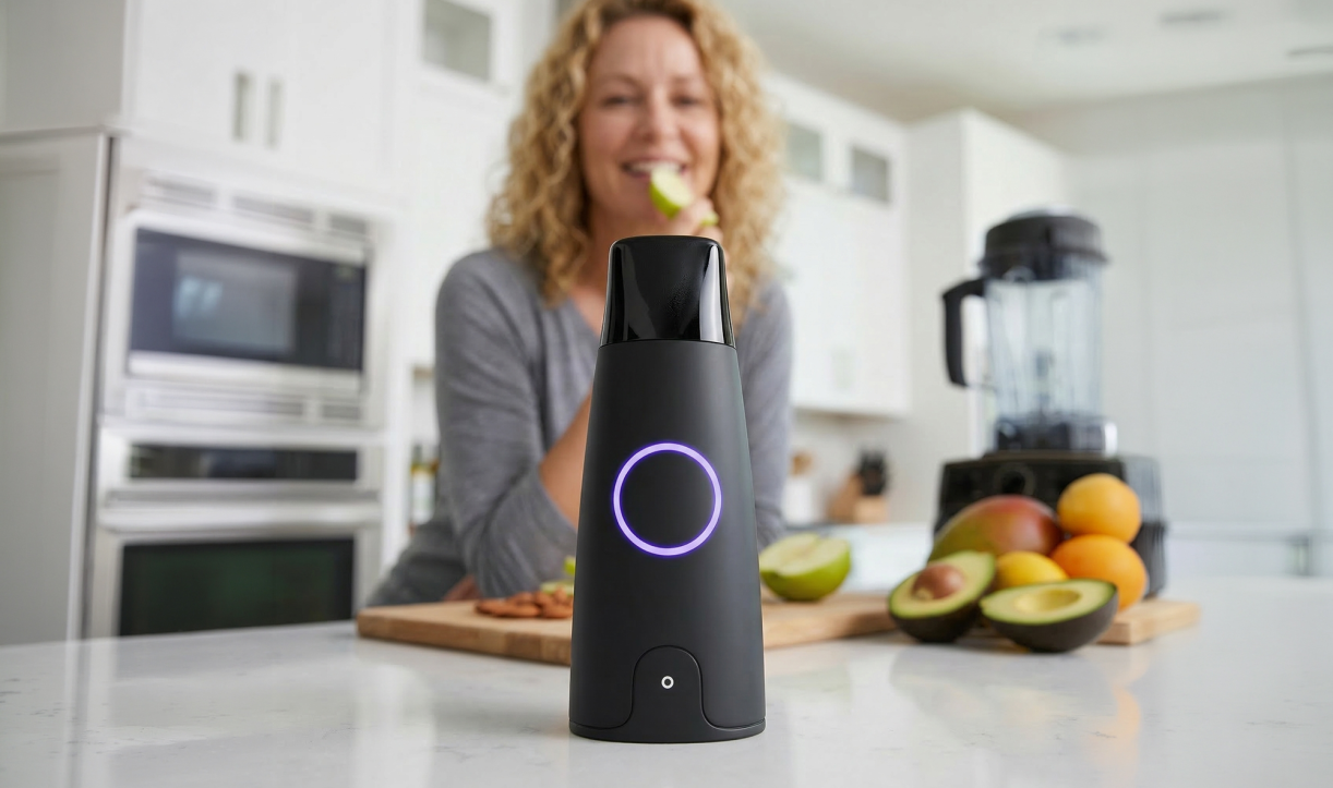 Lumen device on kitchen counter with smiling woman and fresh produce
