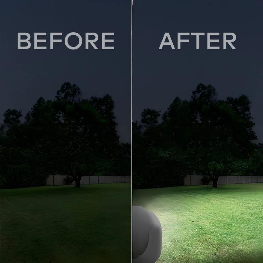 Before and after comparison of yard lighting with Lumenology