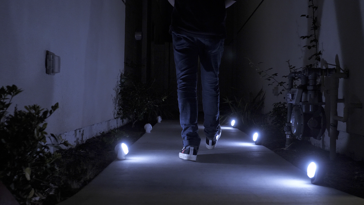 Pathway at night illuminated by multiple Lumenology lights