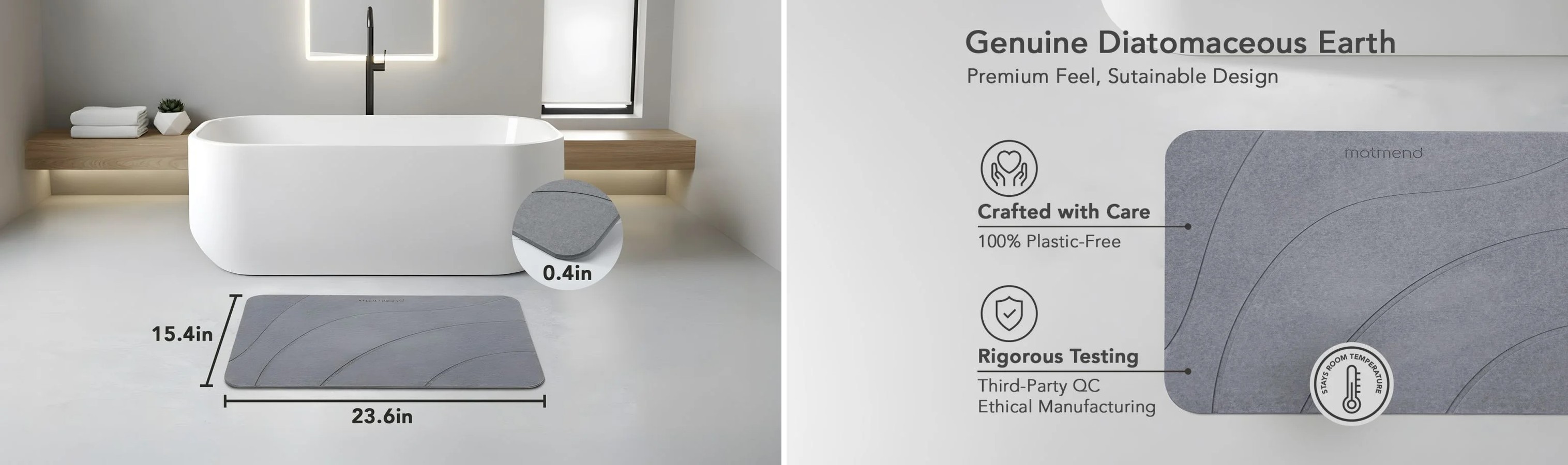 MatMend stone bath mat dimensions and material details side by side