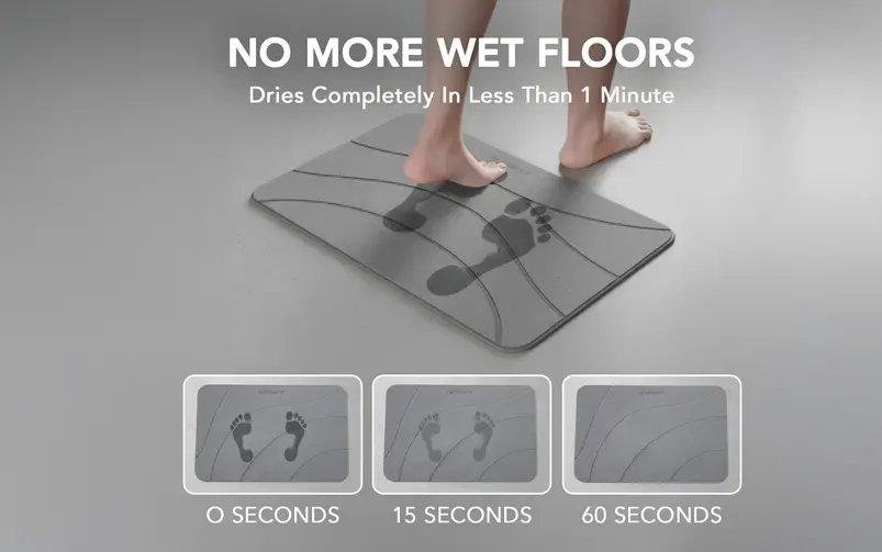 MatMend stone mat shown drying wet footprints from 0 to 60 seconds