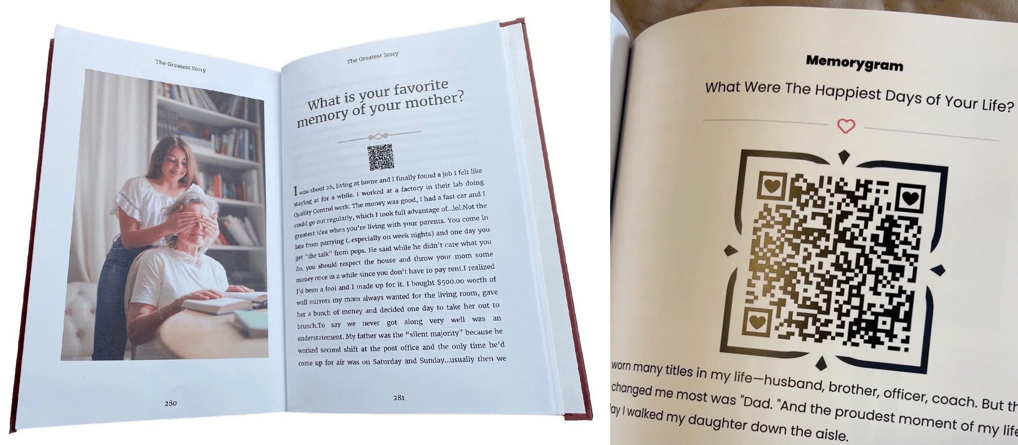 Open Memorygram book showing a photo, text, and a close-up of a QR code