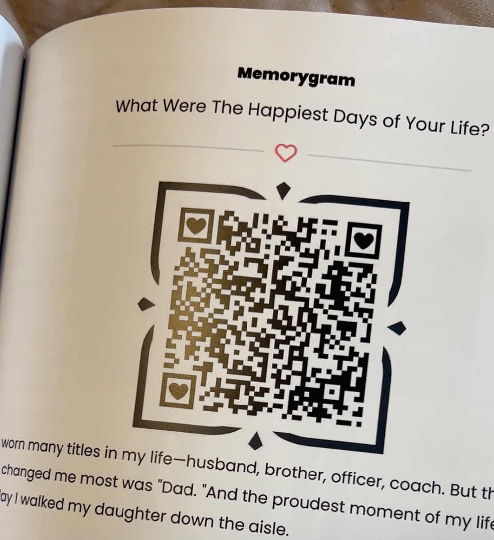 Printed Memorygram page with a QR code linking to a voice recording